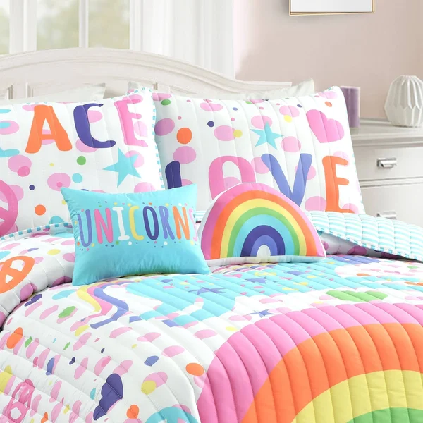 Lush Decor Unicorn Rainbow 4 Piece Quilt Set, Twin, White