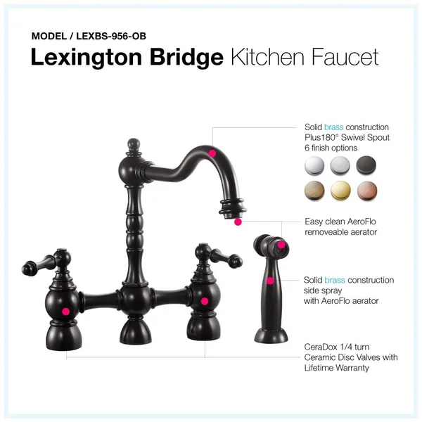 Houzer Lexington Traditional Bridge Kitchen Faucet with Sidespray and CeraDox Technology - Oil Rubbed Bronze (lexbs-956-ob)