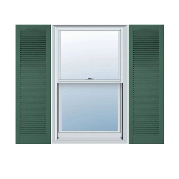 12 inchw x 94 inchh Lifetime Vinyl, Custom Cathedral Top All Louver, Open Louver Shutters, w/Shutter-Loks (Per Pair), Forest Gre