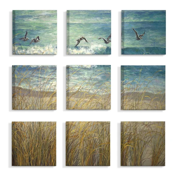 The Stupell Home Decor Collection Beach Dunes and Gulls Blue and Green Ocean Painting 9pc Stretched Canvas Wall Art Set - 12 x 1.