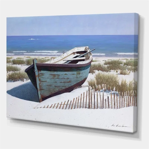 Designart 46x22 x 36x22 Boat on Beach Fabric Canvas Wall Art in Blue