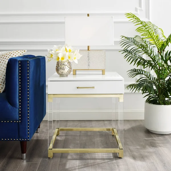 Alvaro High Gloss End Table with Acrylic Legs and Metal Base - Black-Gold
