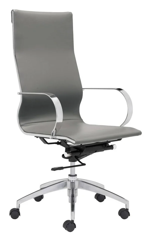 America Luxury Modern Contemporary High Back Work Chair - Grey Gray, Faux Leather Chromed Steel Brushed Aluminum, Home Business O, 27.6 x 27.6 x 42.9