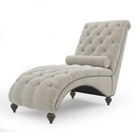 Teofila Tufted Chaise Lounge Chair Leisure Sofa Couch with Bolster Pillow Nailhead Trim and Turned Legs - Beige