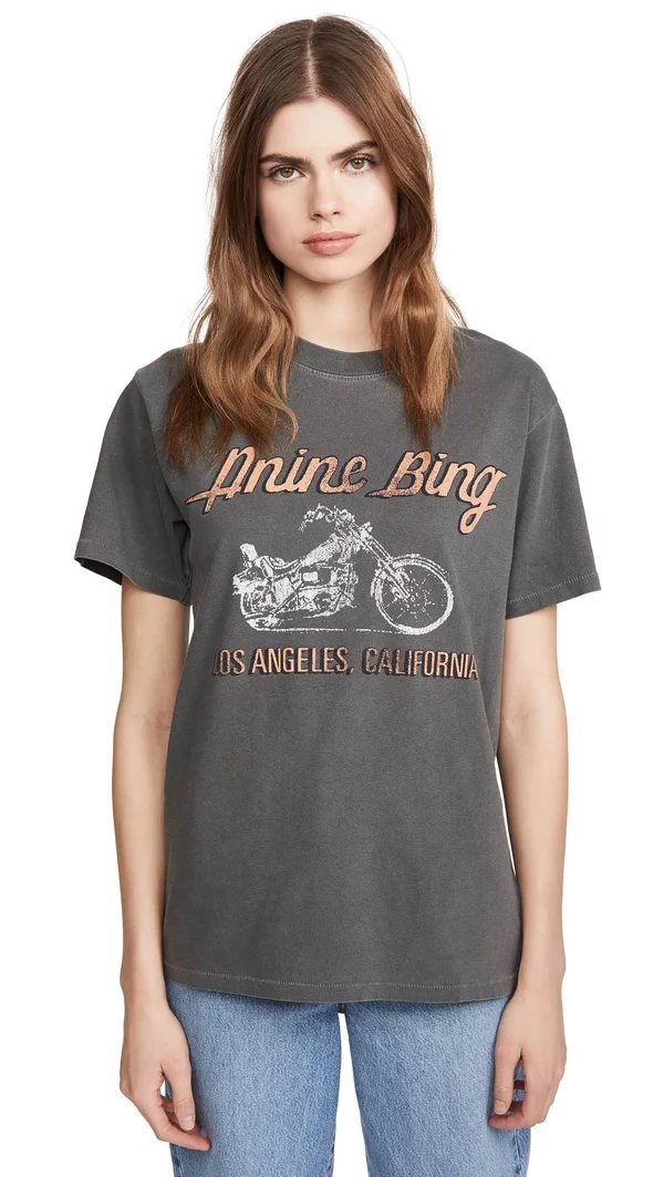 Anine Bing Lili T-Shirt Motorcycle in Charcoal - Medium