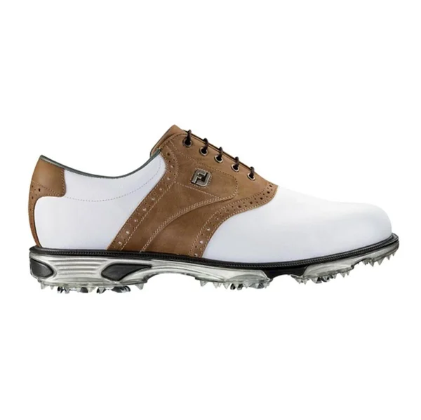 DryJoys Men's Tour Golf Shoes Spiked Saddle in White, Bomber Taupe Size 9 N