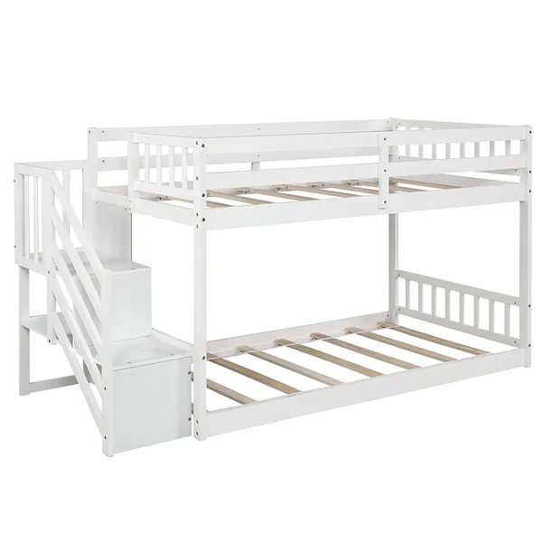 Twin Over Twin Floor Bunk Bed - Ladder with Storage - White
