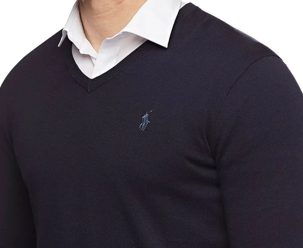 Polo Ralph Lauren Mens Pima Cotton V-Neck Sweater (Large - Navy Blue)