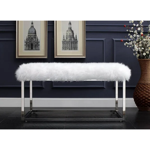 Inspired Home Degas Faux Fur Ottoman Bench with Metal Frame - White/Chrome