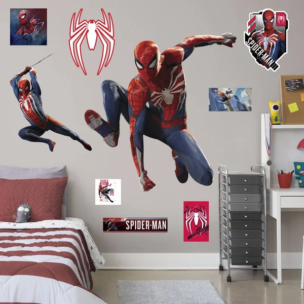 Spider-Man: Gameverse Leap - Officially Licensed Removable Wall Decal Life-Size Character + 8 Wall Decals (51x22W x 53x22H) by F