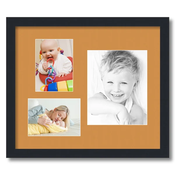 Collage Picture Frame - Satin Black Frame with 3 openings for 8x10 Photos with Yellow Amber Mat. D3926CH1127, ArtToFrames