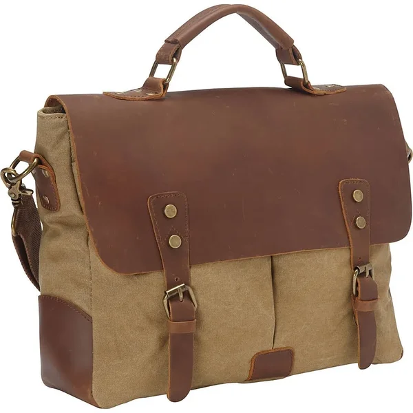 Vagabond Traveler Casual Style Cowhide Leather Cotton Canvas Messenger Bag