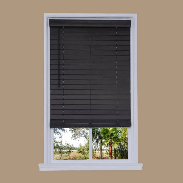 Allen + Roth 2.5-in Slat Width 62-in x 72-in Cordless Walnut Faux Wood Room Darkening Horizontal Blinds in Brown, DFHSD6672-62