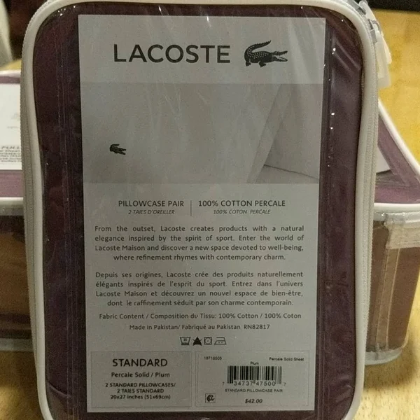Lacoste 100% Cotton Percale Sheet Set, Solid, Plum, Full