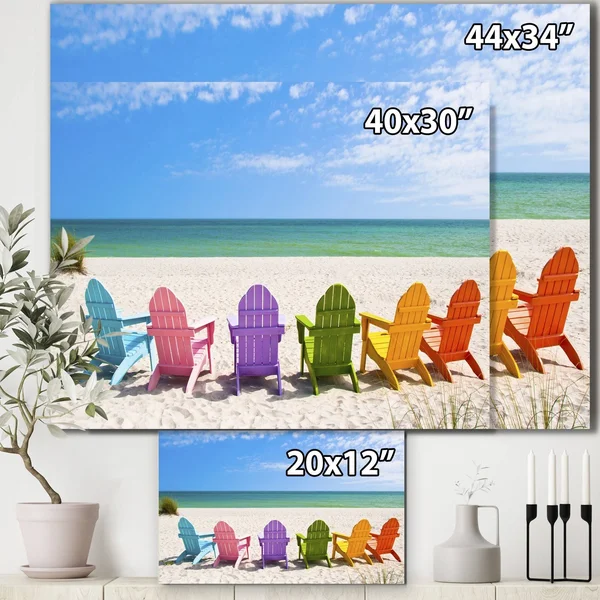 Designart &Adirondack Beach Chairs & Seashore Photo Canvas Art Print - Size: 40 inch x 20 inch, Blue