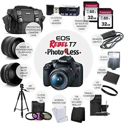 Canon Eos Rebel T7 Digital SLR Camera with EF-S 18-55mm f/3.5-5.6 Is STM Lens + 64GB Memory Card + Wide Angle and Telephoto Lens