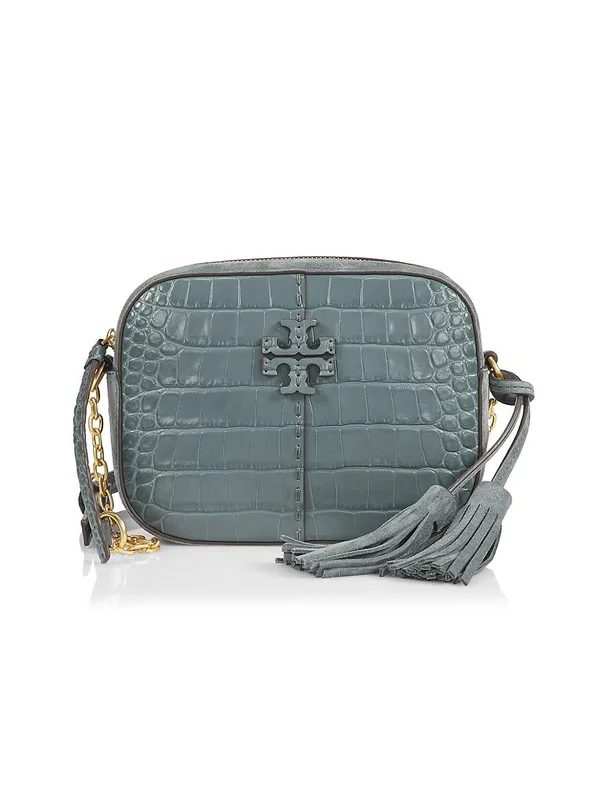 Tory Burch Mcgraw Croc Embossed Leather Camera Bag - Blue