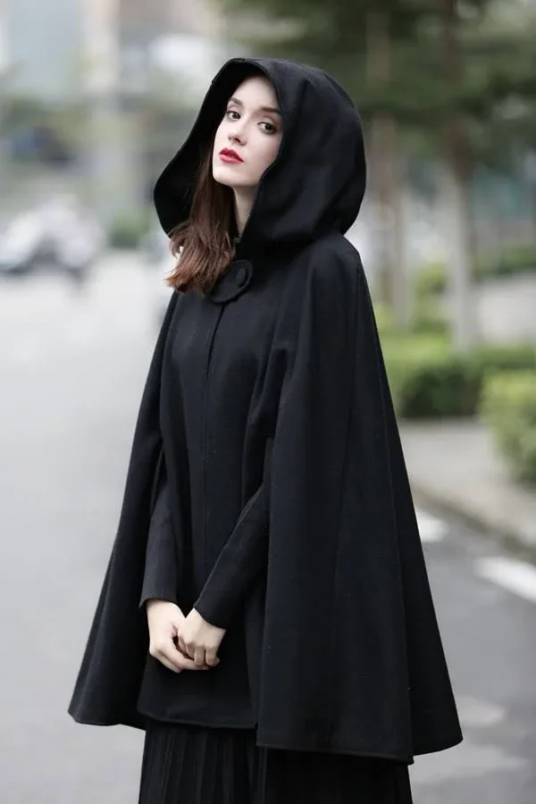 Black Hooded Wool Coat - Wool Cloak Cape, Cashmere Women Wool Winter Coat Long Jacket, Christmas Gift Coat, Black Cashmere Coat C
