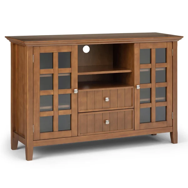Simpli Home Acadian Solid Wood Tall TV Media Stand in Light Golden Brown