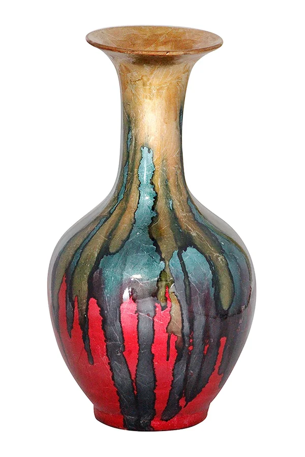 18x22 Foiled & Lacquered Ceramic Vase - Ceramic, Lacquered in Gold, Green, Blue and Red