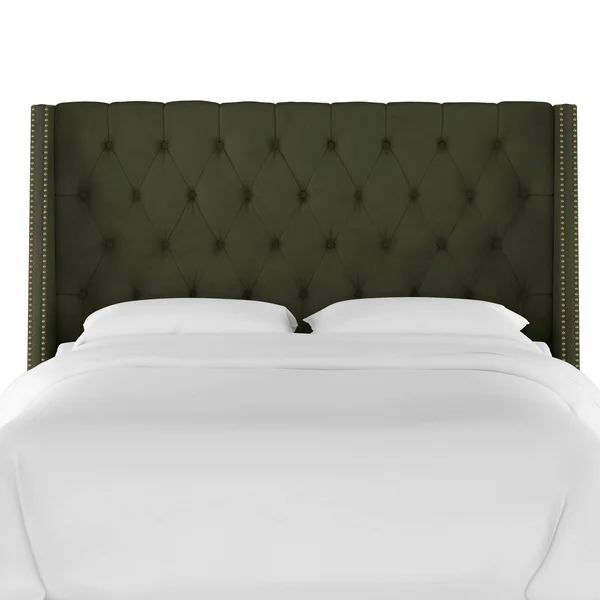 Twin Nail Button Tufted Wingback Headboard in Velvet Loden Green - Skyline Furniture