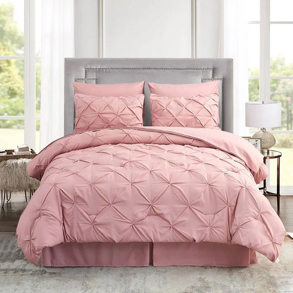 Haok 8 Pieces Bed in A Bag Pink Comforter Sets Bed Set - White - King