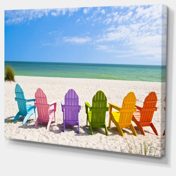 Designart &Adirondack Beach Chairs & Seashore Photo Canvas Art Print - Size: 40 inch x 20 inch, Blue