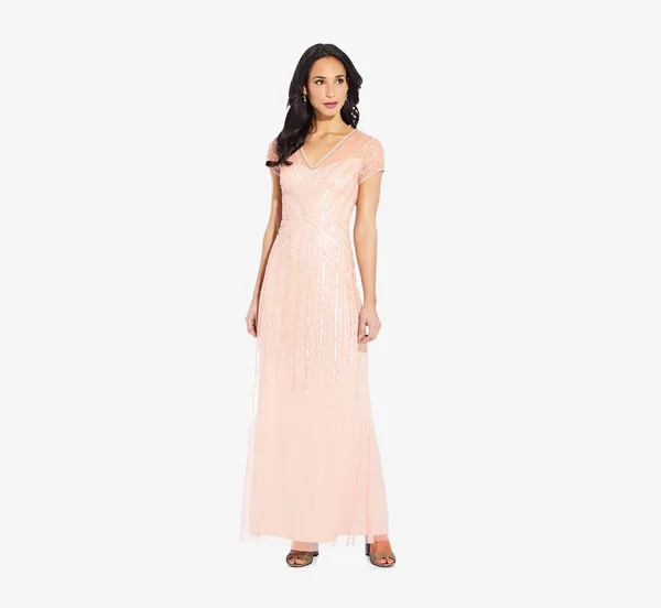 Adrianna Papell Long Beaded Dress, Blush, Size: 10