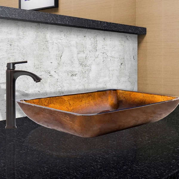 Vigo Rectangular Russet Glass Vessel Sink and Linus Faucet Set - Antique Rubbed Bronze VGT494
