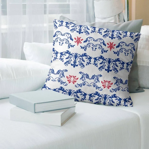 New England Throwback Football Baroque Pattern Accent Pillow-Faux Linen - 16 x 16 - Blue/White/Red