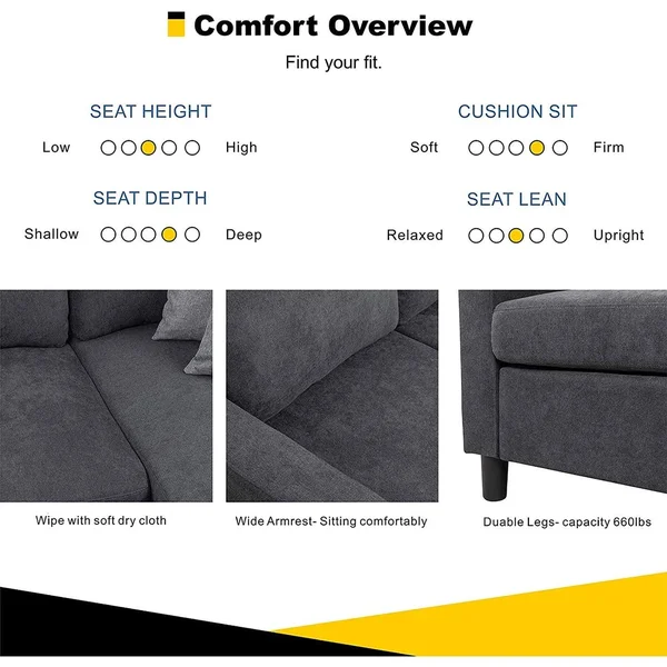 Futzca Convertible Sectional Sofa Couch with Reversible Chaise - Modern Linen Fabric L-Shaped Couch for Small Space - Ash