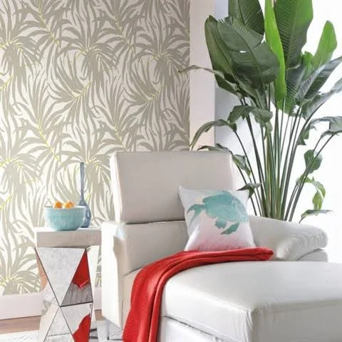 Ashford Tropics 27& x 27x22 Bali Leaves Wallpaper Roll Color: Off White, Medium Grey, Bright Yellow/Green