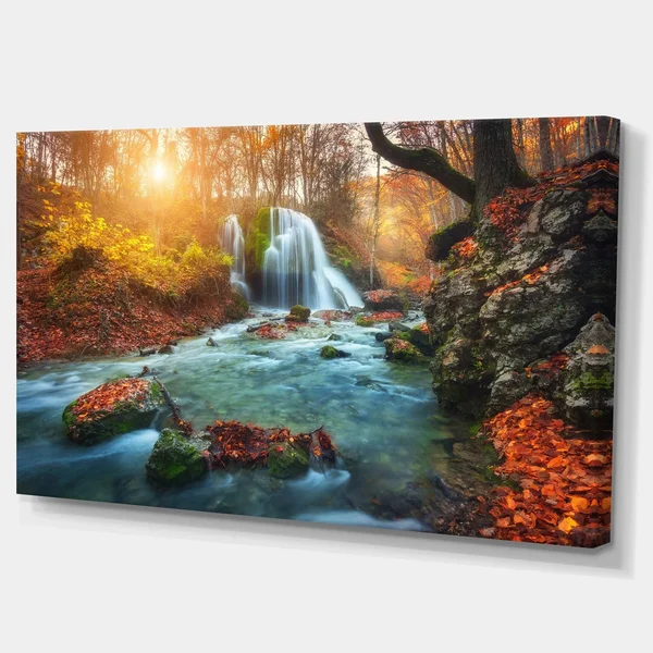 Design Art PT9799-373 Fast Flowing Fall River in Forest - Landscape Photography Canvas Print - 60x32 - 5