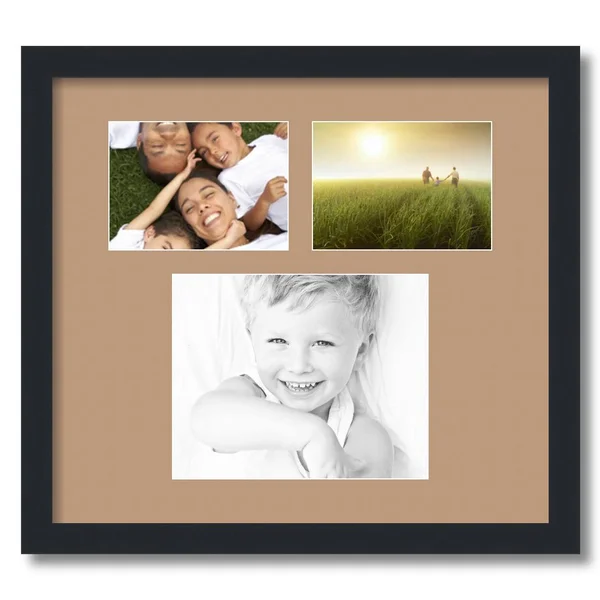 Collage Picture Frame, Satin Black Frame with 3 openings for 8x10 Photos with Brown Desert Sand Mat. D3926DZ488, ArtToFrames