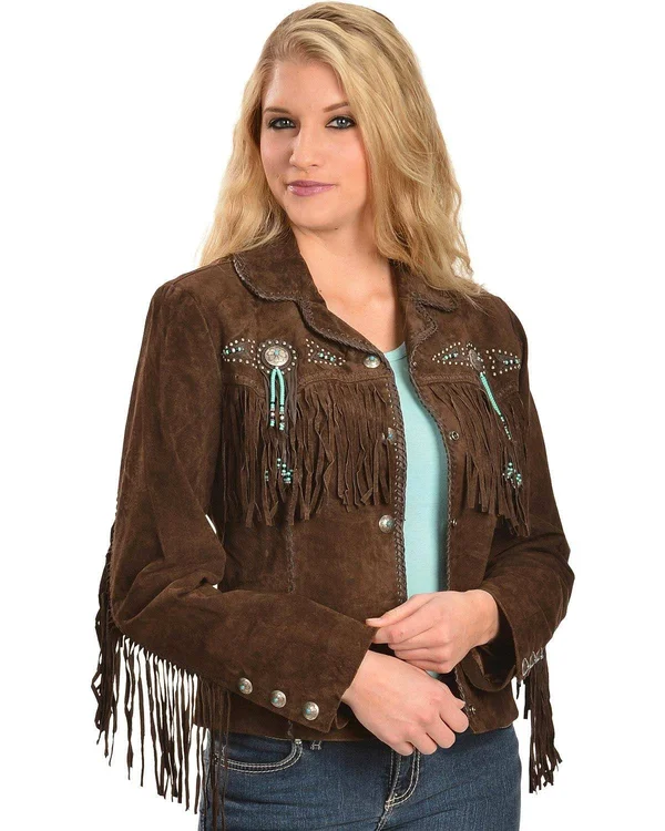 Scully Leather Womens Beaded Fringe Boar Suede Jacket Chocolate