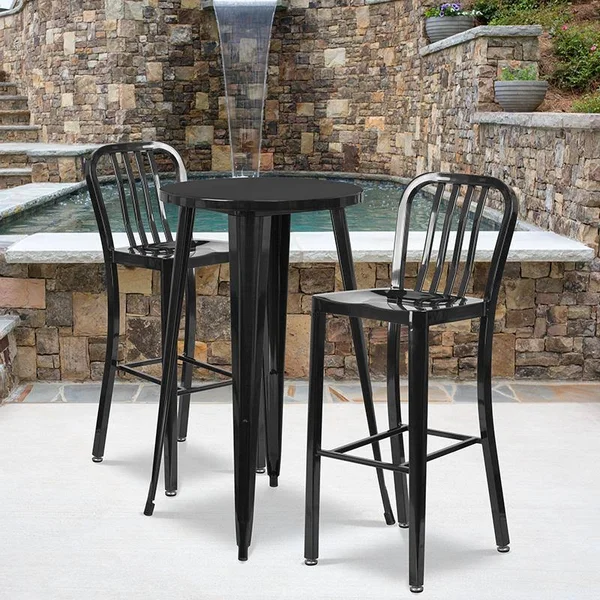 24'' Round Black Metal Indoor-Outdoor Bar Table Set with 2 Vertical Slat Back Stools