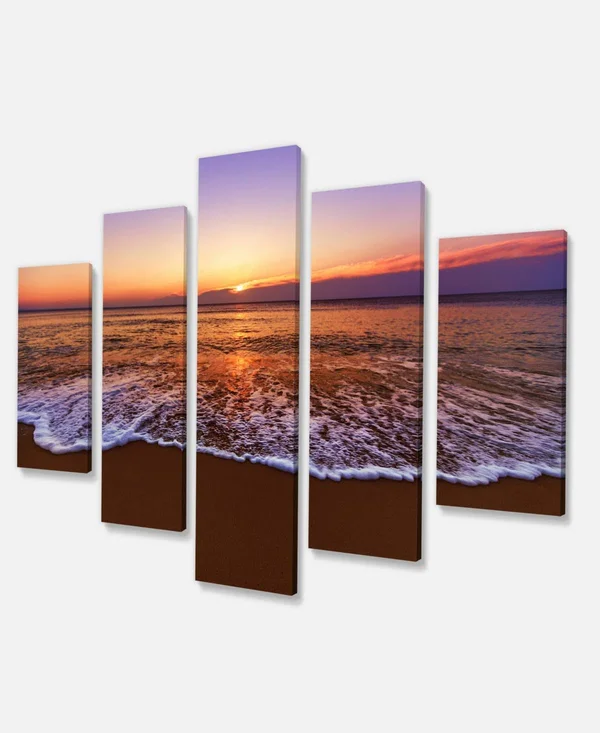 Design Art Orange Tinged Sea Waters at Sunset - Beach Canvas Wall Art, 60 in. Wide x 32 in. High - 5 Panels Diamond Shape