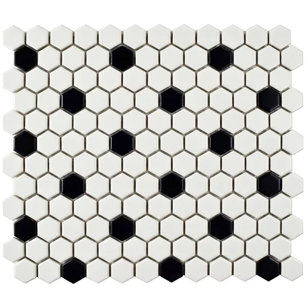 SomerTile Victorian Hex Porcelain Floor and Wall Tile - Matte White/Black Dot - 10 pack