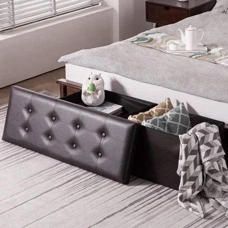 Uwr-nite Folding Ottoman Storage Bench Cube 43 inch Hold Up 700lbs Faux Leather Long Chest with Memory Foam Seat Footrest Padded