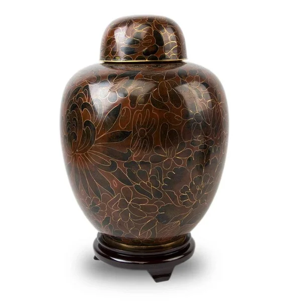 Floral Metal Cloisonne Cremation Urn - Large - Holds Up to 210 Cubic Inches of Ashes - Brown Cremation Urn for Ashes - Engraving