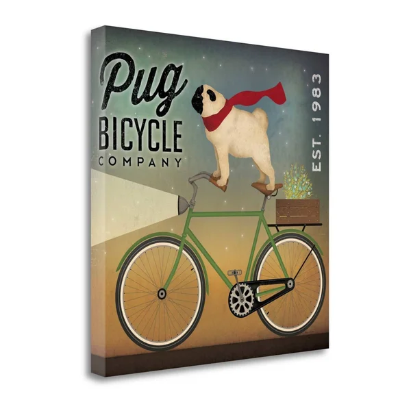 Tangletown Fine Art Pug on A Bike by Ryan Fowler - Fine Art Giclee Print on Wrap Canvas, 35x35x22