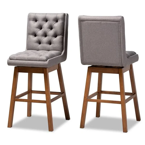 Bowery Hill 31x22 Fabric Tufted Swivel Bar Stool in Gray and Walnut (Set of 2)
