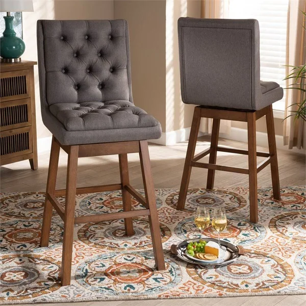 Bowery Hill 31x22 Fabric Tufted Swivel Bar Stool in Gray and Walnut (Set of 2)