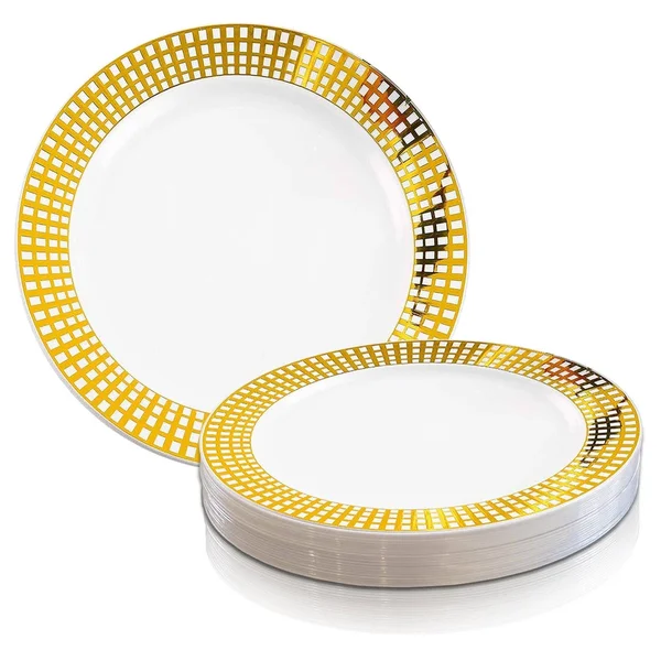 Gold Checkered Rim Disposable Plastic Plate Packs - Party Supplies (White with Gold Rim - 120pcs - Dinner Plates)