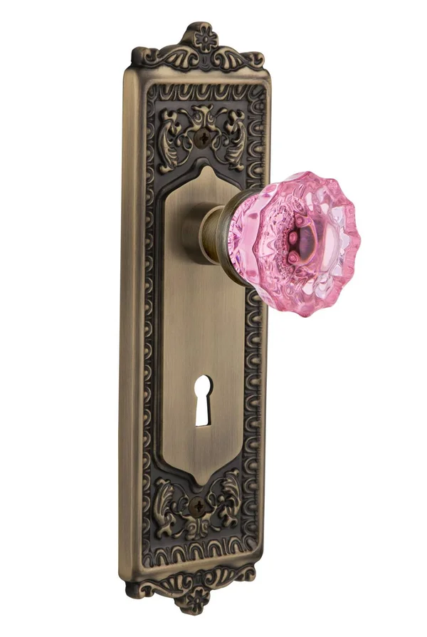 Nostalgic Warehouse Egg & Dart Plate Interior Mortise Door Knob, Pink Crystal, Antique Brass