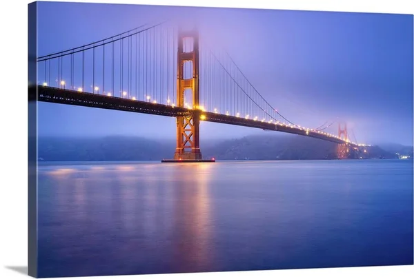 Golden Gate Bridge in San Francisco at Dusk, Bridge Lights Light Up Low Fog., Canvas Wall Art, 30x20, Great Big Canvas