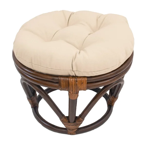 International Caravan 46cm Bali Rattan Papasan Footstool with Cushion - Solid Twill Fabric, Eggshell - Eggshell