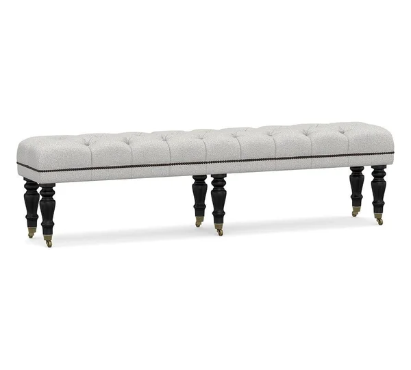 Pottery Barn Raleigh Upholstered Tufted King Bench with Black Legs & Bronze Nailheads - Park Weave Ash