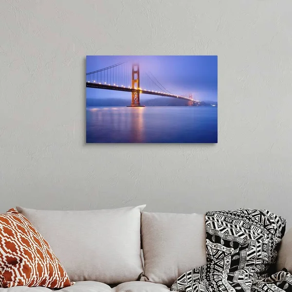 Golden Gate Bridge in San Francisco at Dusk, Bridge Lights Light Up Low Fog., Canvas Wall Art, 30x20, Great Big Canvas