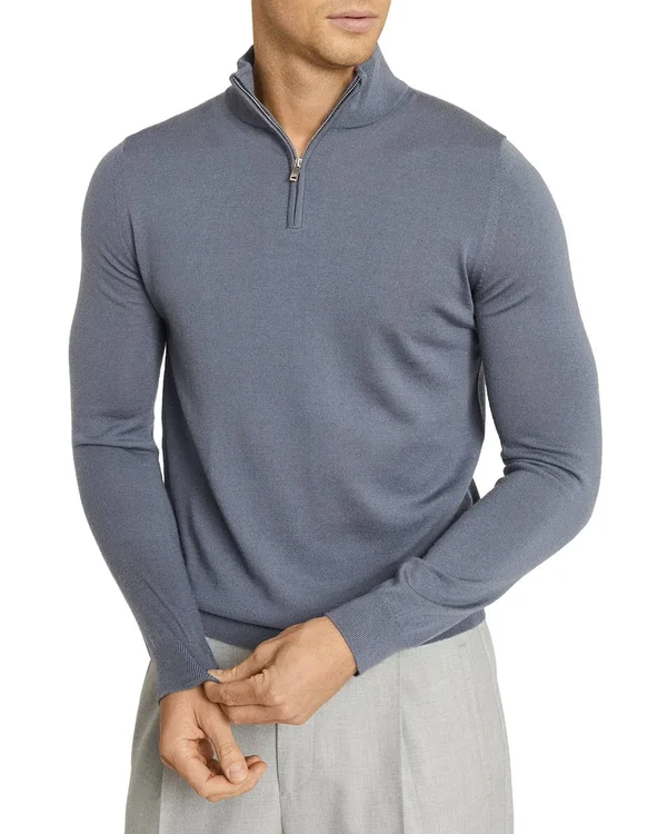 Reiss Blackhall - Merino Wool Zip Neck Jumper in Soft Grey Mouline - Mens, Size XL